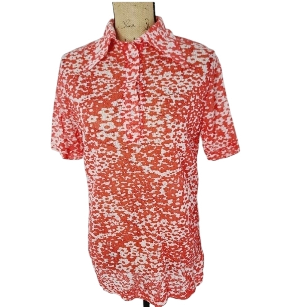 Vintage 70s Mod Red White Flower Power Semi Sheer Collared Shirt